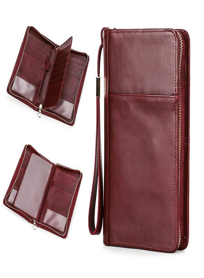 CONTACTS Full Grain Leather Family Passport Holder for 4 RFID Blocking Passport Wallet Large Capacity Wristlet Clutch Purse Red - Image 1