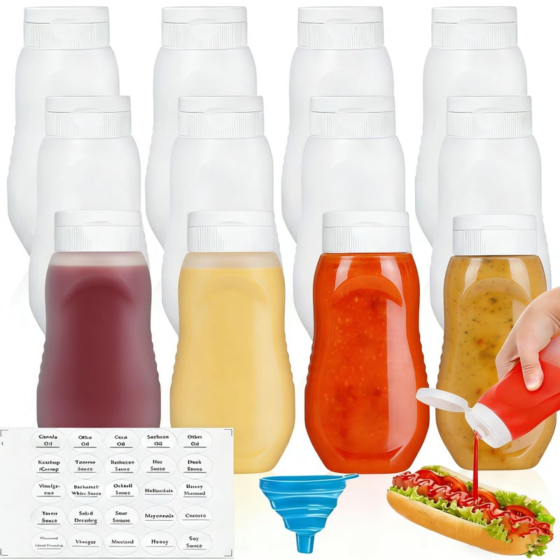 Goaste 12 Pack Condiment Squeeze Bottles, 12 oz Plastic Squirt Bottles with Flip Top Cap, Reusable Empty Sauce Containers with Labels & Silicone Funnels for Ketchup, Mustard, Syrup, Salad Dressings - Image 1