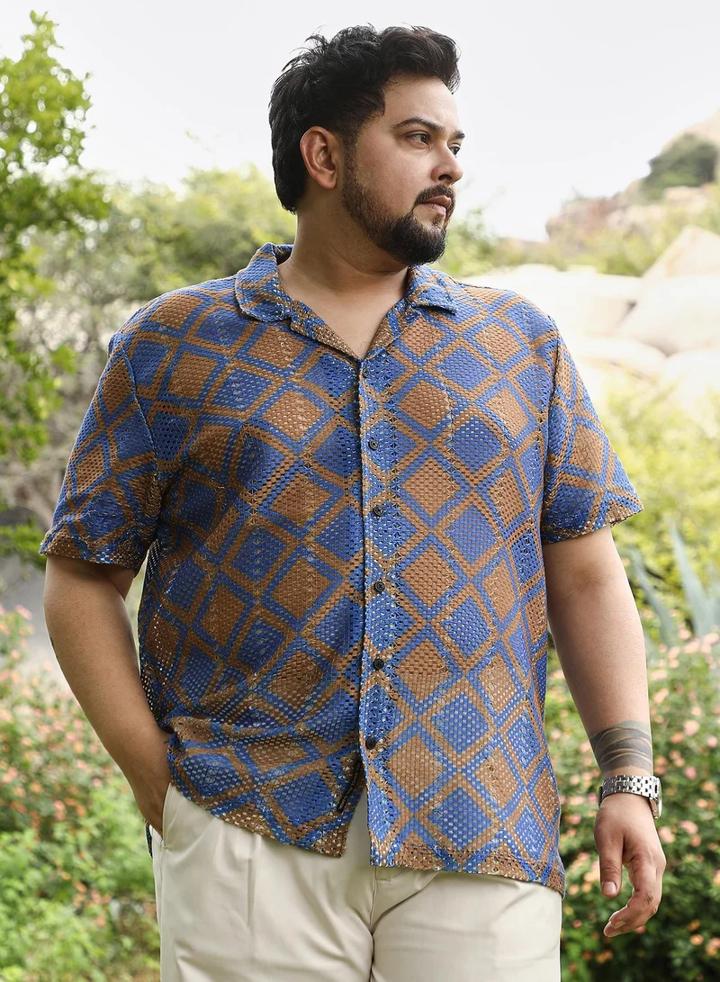انستافاب بلس Instafab Plus Men Geometric-Block Imprint Oversized Shirt | Cuban Collar , Short Sleeve | Button Closure , Straight Hem | Geometric Print Crochet | Woven Fabric For Casual & Daily Wear | Blue & Brown