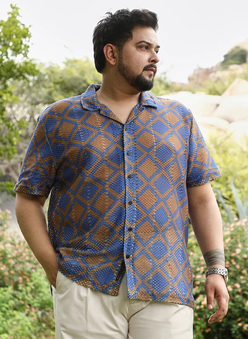 Instafab Plus Instafab Plus Men Geometric-Block Imprint Oversized Shirt | Cuban Collar , Short Sleeve | Button Closure , Straight Hem | Geometric Print Crochet | Woven Fabric For Casual & Daily Wear | Blue & Brown