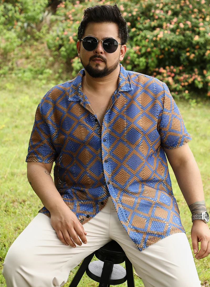 Instafab Plus Instafab Plus Men Geometric-Block Imprint Oversized Shirt | Cuban Collar , Short Sleeve | Button Closure , Straight Hem | Geometric Print Crochet | Woven Fabric For Casual & Daily Wear | Blue & Brown