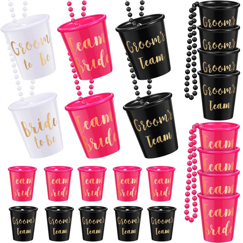 Jadive Jadive 24 Shot Glass Necklace on Beaded with Gold Foil Team Bride and Bride to Be Bridal Plastic Shot Necklace Cups for Wedding Birthday Bachelor Bridal Party Showerwhite pink black
