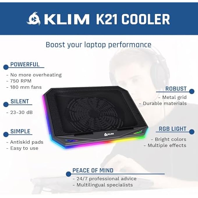 KLIM K21 + LAPTOP COOLER STAND WITH RGB BACKLIGHT + 11-17 INCH + GAMING NOTEBOOK COOLER FOR DESK + USB FAN + VERY STABLE AND QUIET + COMPATIBLE WITH MAC AND PS4 + 2022 - Image 2