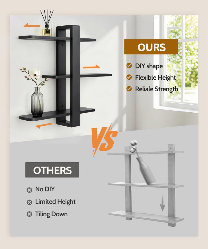 SUMGAR Black Floating Shelves for Wall Mounted Shelving Unit All Pine Wood 3 Tier Large Shelf for Bedroom Living Room Office Bathroom Home Decoration Storage Plant Photo Display Modern 20in - Image 5