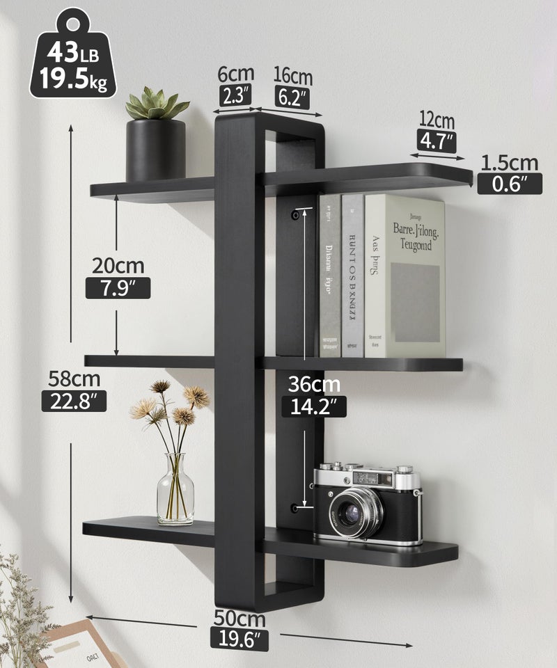 SUMGAR Black Floating Shelves for Wall Mounted Shelving Unit All Pine Wood 3 Tier Large Shelf for Bedroom Living Room Office Bathroom Home Decoration Storage Plant Photo Display Modern 20in - Image 2