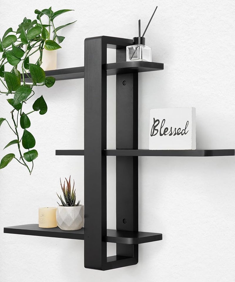 SUMGAR Black Floating Shelves for Wall Mounted Shelving Unit All Pine Wood 3 Tier Large Shelf for Bedroom Living Room Office Bathroom Home Decoration Storage Plant Photo Display Modern 20in - Image 1