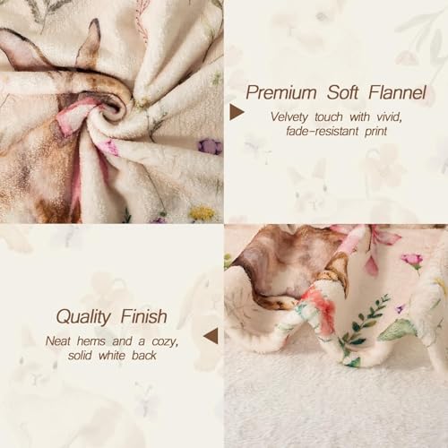 Treory Easter Bunny Throw Blanket: Ultra Soft Flannel Plush Sketchy Spring Floral Bunny Bed Blanket, Lightweight Cozy Easter Blanket for Couch Sofa Bed Living Room Home Decor Gifts, 50"x60" - Image 3