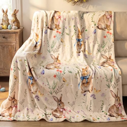 Treory Easter Bunny Throw Blanket: Ultra Soft Flannel Plush Sketchy Spring Floral Bunny Bed Blanket, Lightweight Cozy Easter Blanket for Couch Sofa Bed Living Room Home Decor Gifts, 50"x60" - Image 1