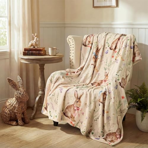 Treory Easter Bunny Throw Blanket: Ultra Soft Flannel Plush Sketchy Spring Floral Bunny Bed Blanket, Lightweight Cozy Easter Blanket for Couch Sofa Bed Living Room Home Decor Gifts, 50"x60" - Image 5