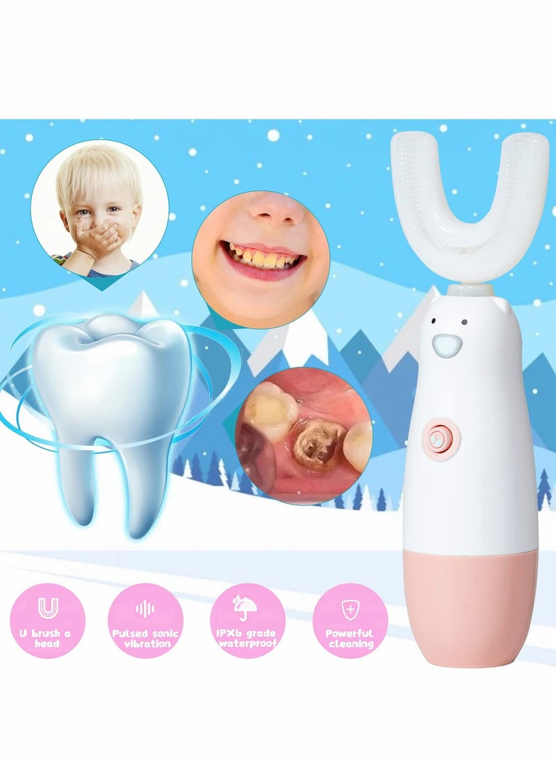 YQbest - Kids Electric Toothbrush, 6 Cleaning Models U Shaped Toothbrush Waterproof Battery Powered 360 Automatic Toddler Toothbrushes For 2-7 Years Old Boys Girls (Pink) - Image 1