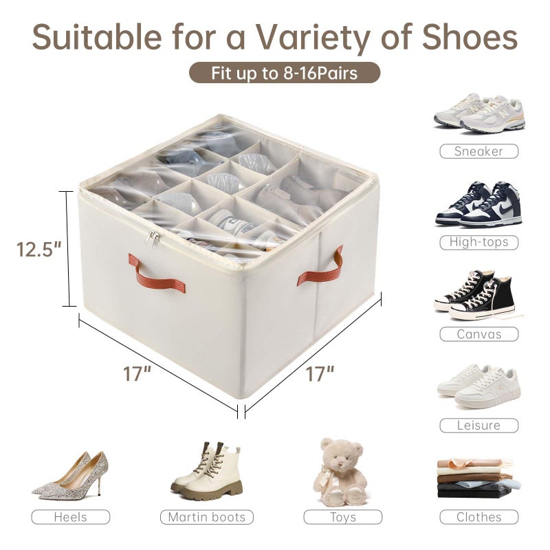INSTY Shoe Organizer for Closet, 2 Pack Foldable Shoe Storage Containers, Fits up to 16-32 Pairs, Adjustable Dividers for Shoe Organizer, Fabric Shoe Storage Bins with Clear Cover, Beige - Image 2