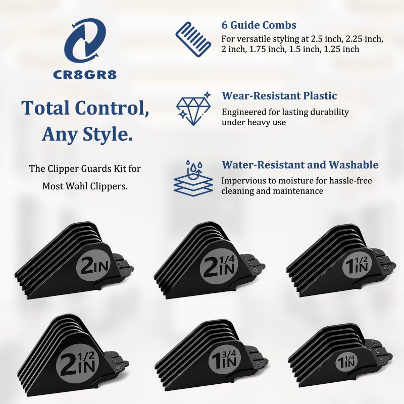 CR8GR8 Clipper Guards Set 10 12 14 16 18 20 Compatible with Wahl Clippers, 6pcs Extra Long Clipper Guides Replacement - 2.5", 2.25", 2", 1.75", 1.5", 1.25" Hair Guard Clipper, Black Clipper Guards for Wahl - Image 2
