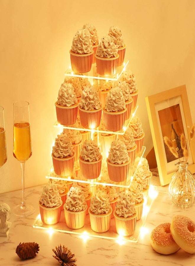 سونيربلاي حامل كب كيك من 4 طبقات من سونيربلاي مع إضاءة LED، حامل عرض كب كيك أكريليك، حامل كب كيك مربع، حامل كب كيك لأعياد الميلاد، وحفلات الزفاف، وحفلات استقبال المولود، والحفلات - Image 5