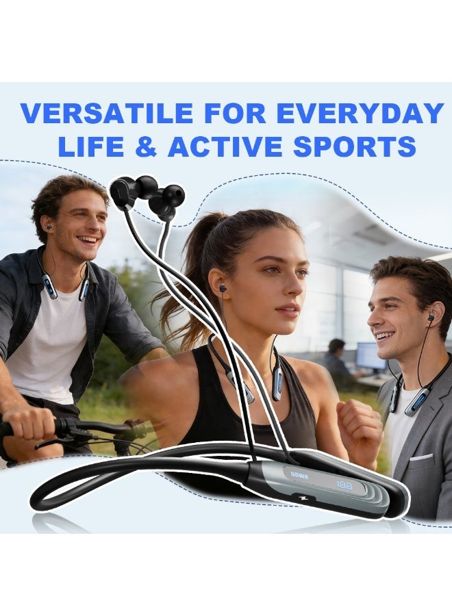 caijin Bluetooth Neck Sports Wireless Headphones，Bluetooth 5.49, IPX5 waterproof sports Headphones, with microphone, over 10 hours of playback time, over 10 hours of standby time, LED battery indicator, magnetic in-ear design, suitable for running, exercising, and the gym (black) - Image 3