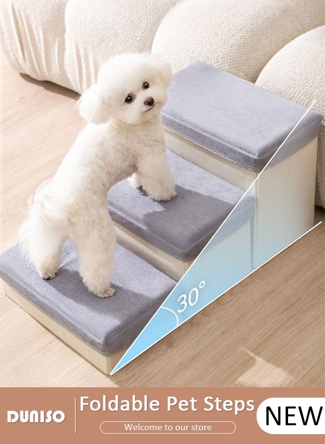 DUNISO سلم حيوانات أليفة قابل للطي 3 خطوات، سلالم كلاب ناعمة من الفلانيل 2 في 1 مع تخزين، خطوات قطط غير قابلة للانزلاق مع إسفنجة عالية المرونة وقابلة للتنفس لتسلق الجراء والقطط السرير العالي والأريكة - Image 1