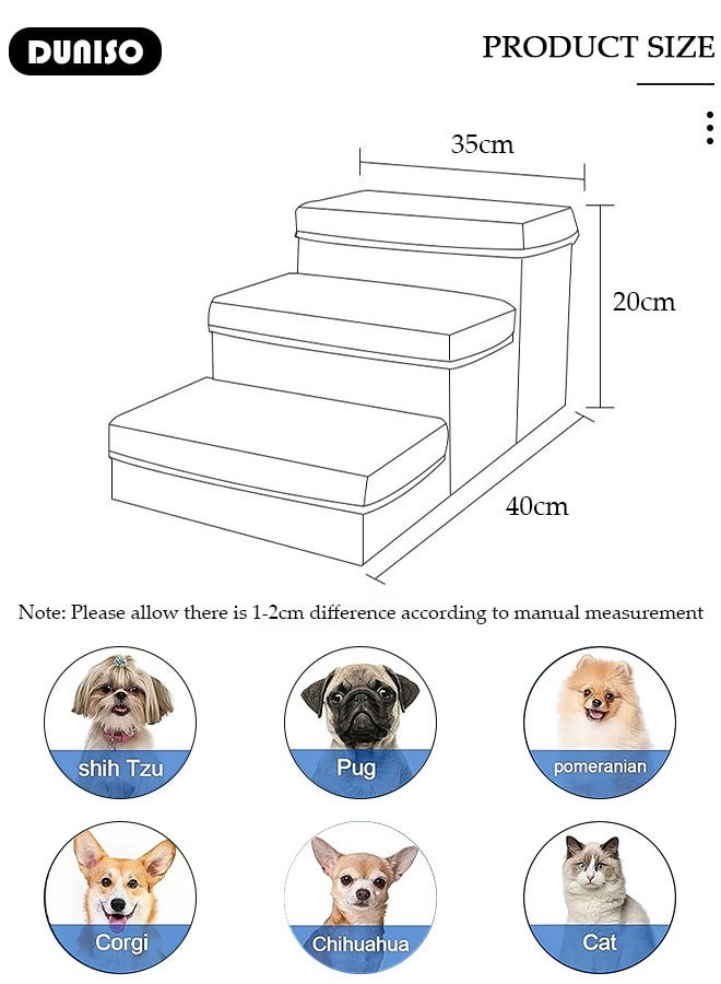 DUNISO سلم حيوانات أليفة قابل للطي 3 خطوات، سلالم كلاب ناعمة من الفلانيل 2 في 1 مع تخزين، خطوات قطط غير قابلة للانزلاق مع إسفنجة عالية المرونة وقابلة للتنفس لتسلق الجراء والقطط السرير العالي والأريكة - Image 4