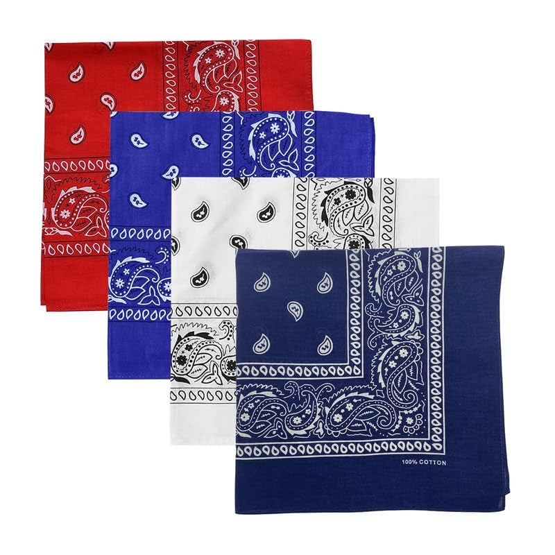 DIKHAWA Unisex Soft Breathable Cotton Paisley Printed Cowboy Bandanas,Headband,Scarf (RED,ROYAL BLUE,WHITE,NAVY_50CM X 50CM_Pack of 4) - Image 1