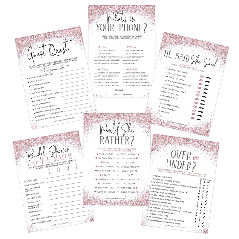 Your Main Event Prints Bridal Shower Games Set of 6 Fun Activities for 25 Guests Pink Glitter Theme Printed Front and Back One Game Per Side - Image 2