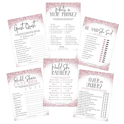 Your Main Event Prints Bridal Shower Games Set of 6 Fun Activities for 25 Guests Pink Glitter Theme Printed Front and Back One Game Per Side - Image 1