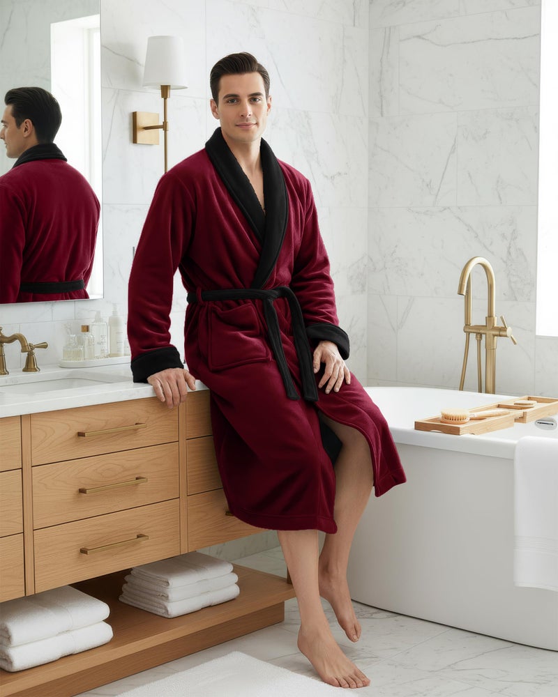 NY Threads Mens Robe, Luxury Plush Fleece Mens Bathrobe, Spa Bath Robe for Men, Large-X-Large, Burgundy Black - Image 4
