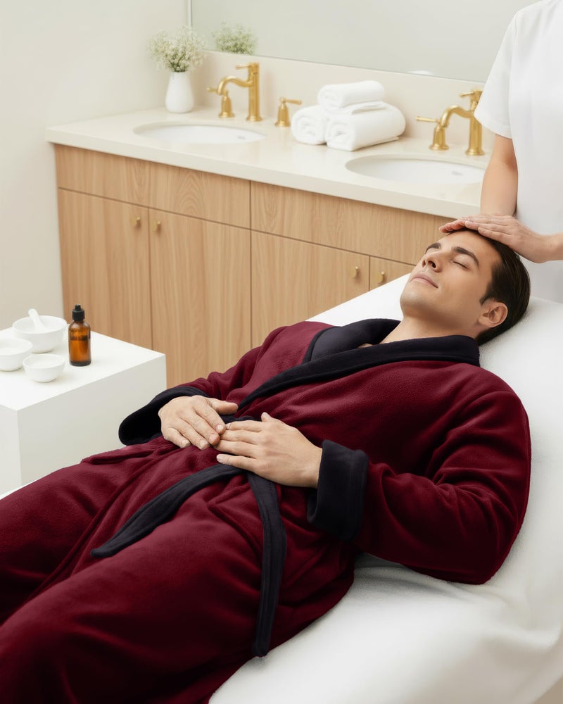NY Threads Mens Robe, Luxury Plush Fleece Mens Bathrobe, Spa Bath Robe for Men, Large-X-Large, Burgundy Black - Image 5