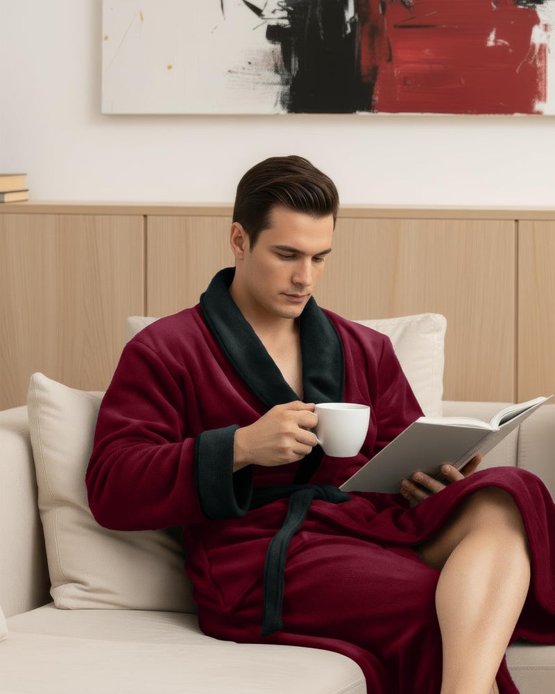 NY Threads Mens Robe, Luxury Plush Fleece Mens Bathrobe, Spa Bath Robe for Men, Large-X-Large, Burgundy Black - Image 3