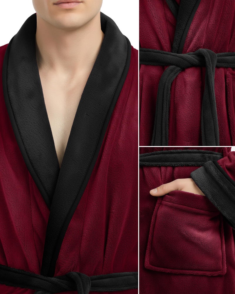 NY Threads Mens Robe, Luxury Plush Fleece Mens Bathrobe, Spa Bath Robe for Men, Large-X-Large, Burgundy Black - Image 2
