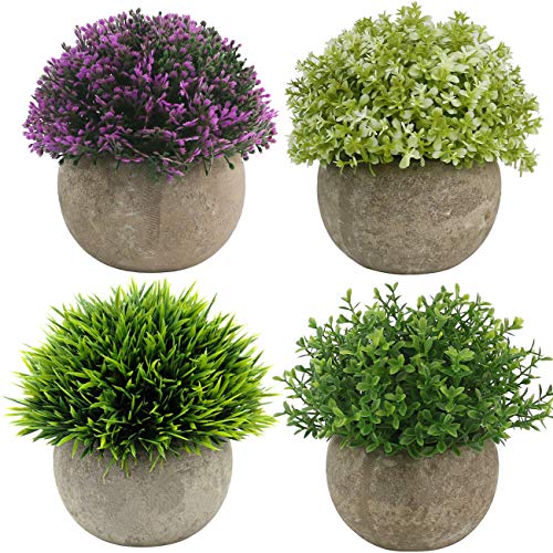 Ogrmar 4PCS Mini Plastic Artificial Plants Grass in PotSmall Artificial Faux GreeneryMini Plants Topiary Shrubs Fake Plants for Bathroom House Decorations