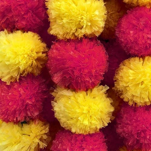 ABHAAS Artificial Marigold Fluffy Flowers for Decoration Garlands for Decoration Pooja Room Toran Indian genda phool for Wedding Festivals Diwali pongal /4.7 Feet/Set of 5 Mala (Yellow-Red) - Image 2
