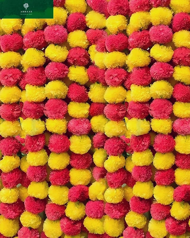 ABHAAS Artificial Marigold Fluffy Flowers for Decoration Garlands for Decoration Pooja Room Toran Indian genda phool for Wedding Festivals Diwali pongal /4.7 Feet/Set of 5 Mala (Yellow-Red) - Image 1