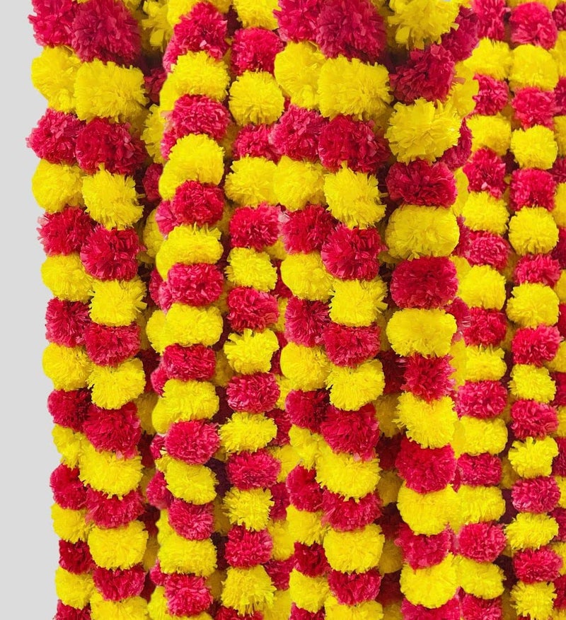 ABHAAS Artificial Marigold Fluffy Flowers for Decoration Garlands for Decoration Pooja Room Toran Indian genda phool for Wedding Festivals Diwali pongal /4.7 Feet/Set of 5 Mala (Yellow-Red) - Image 3