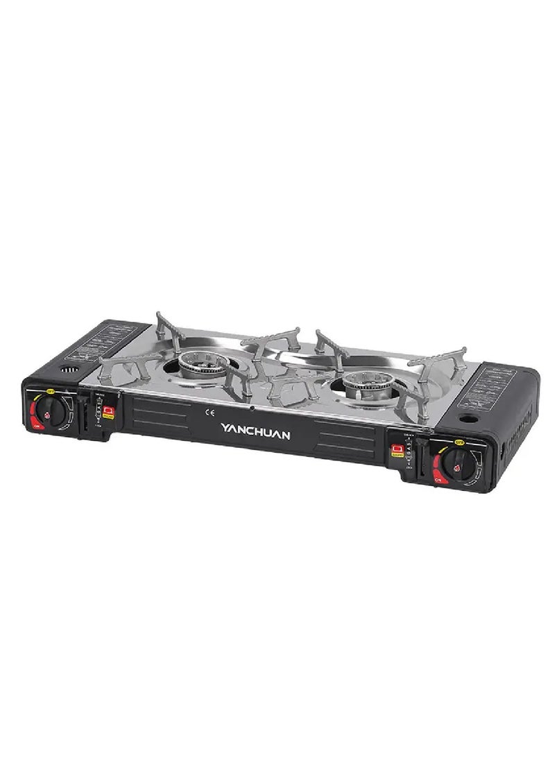 YanChuan - Butane Gas Stove Double Burner Camping Stove - Two-Way Portable Camping Stove with Butane Gas Cartridge Supported Carrying Case - Cassette Furnace Outdoor Travel Picnic Cooker Cookware Camp Stove for Hiking, - Image 1