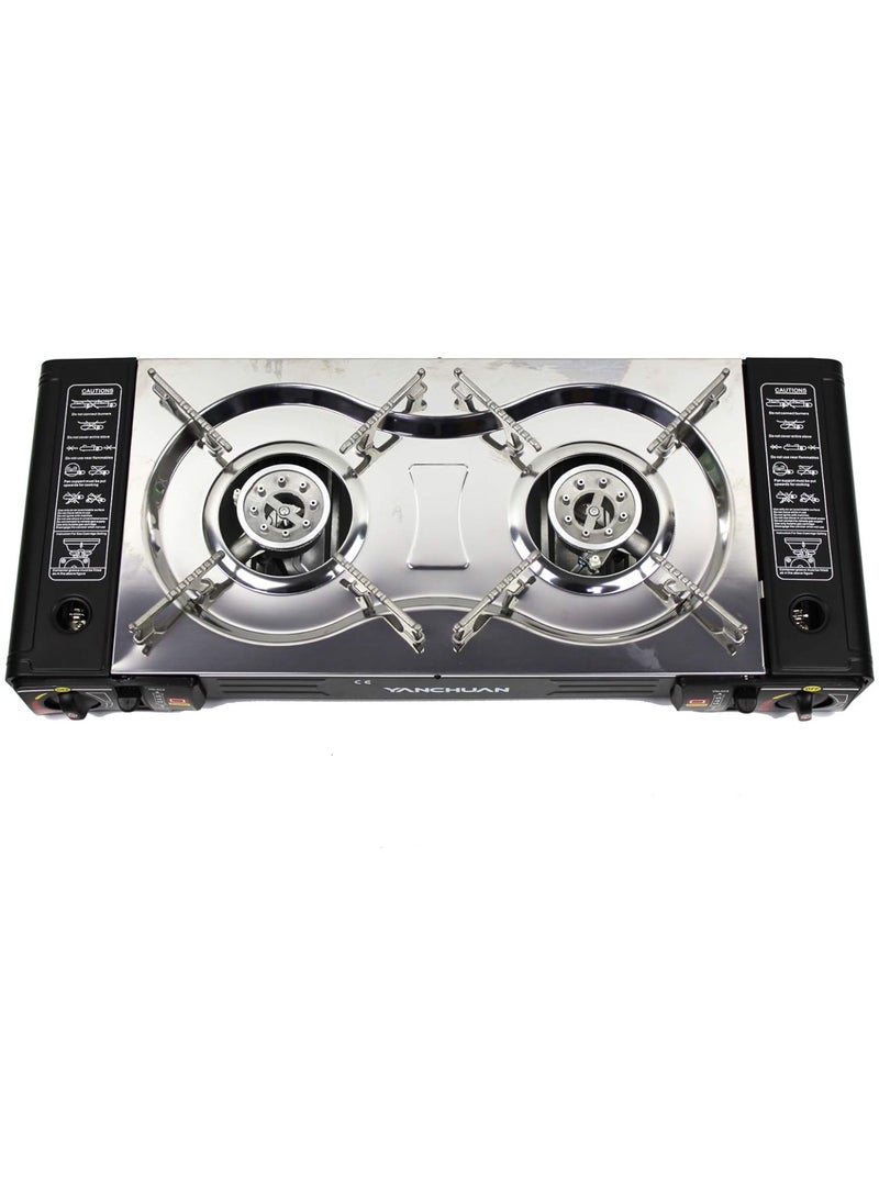 YanChuan - Butane Gas Stove Double Burner Camping Stove - Two-Way Portable Camping Stove with Butane Gas Cartridge Supported Carrying Case - Cassette Furnace Outdoor Travel Picnic Cooker Cookware Camp Stove for Hiking, - Image 1