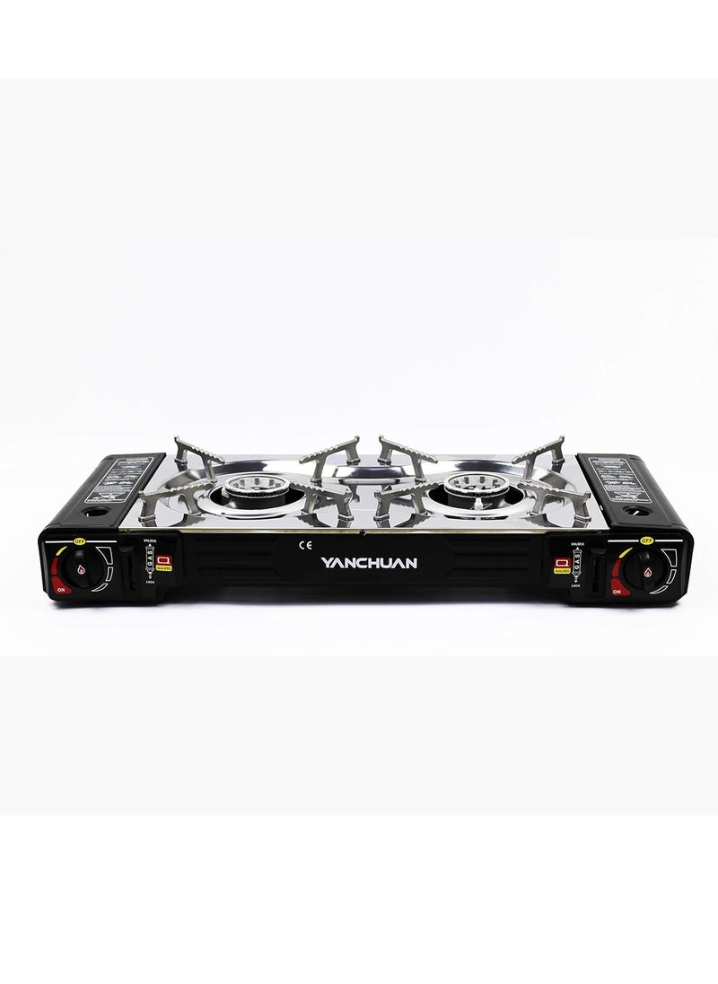 YanChuan - Butane Gas Stove Double Burner Camping Stove - Two-Way Portable Camping Stove with Butane Gas Cartridge Supported Carrying Case - Cassette Furnace Outdoor Travel Picnic Cooker Cookware Camp Stove for Hiking, - Image 1
