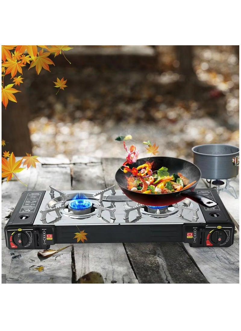 YanChuan - Butane Gas Stove Double Burner Camping Stove - Two-Way Portable Camping Stove with Butane Gas Cartridge Supported Carrying Case - Cassette Furnace Outdoor Travel Picnic Cooker Cookware Camp Stove for Hiking, - Image 1