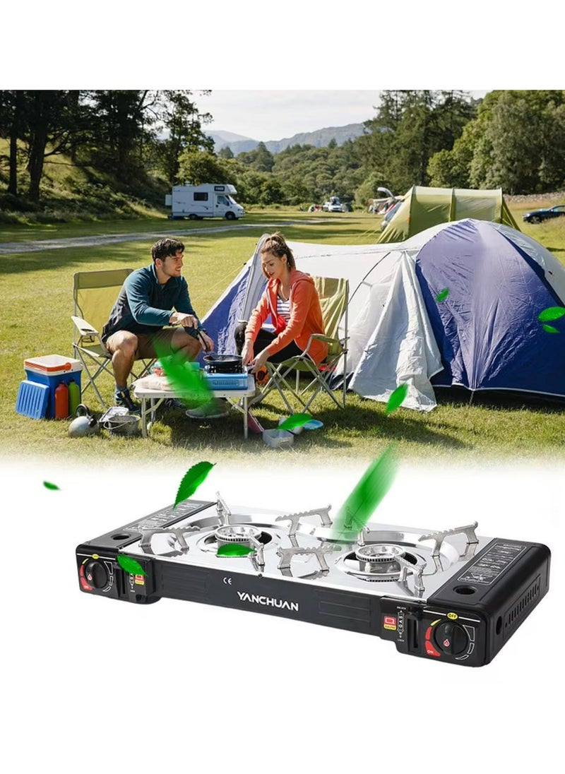 YanChuan - Butane Gas Stove Double Burner Camping Stove - Two-Way Portable Camping Stove with Butane Gas Cartridge Supported Carrying Case - Cassette Furnace Outdoor Travel Picnic Cooker Cookware Camp Stove for Hiking, - Image 1