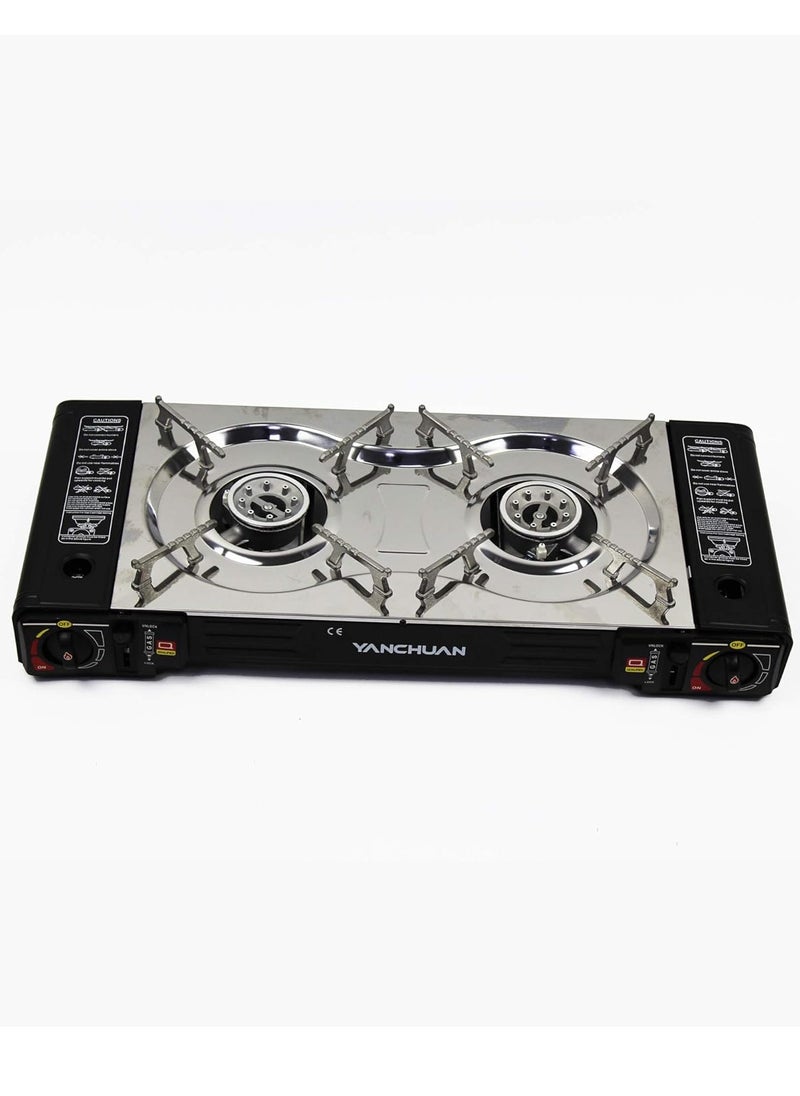 YanChuan - Butane Gas Stove Double Burner Camping Stove - Two-Way Portable Camping Stove with Butane Gas Cartridge Supported Carrying Case - Cassette Furnace Outdoor Travel Picnic Cooker Cookware Camp Stove for Hiking, - Image 1
