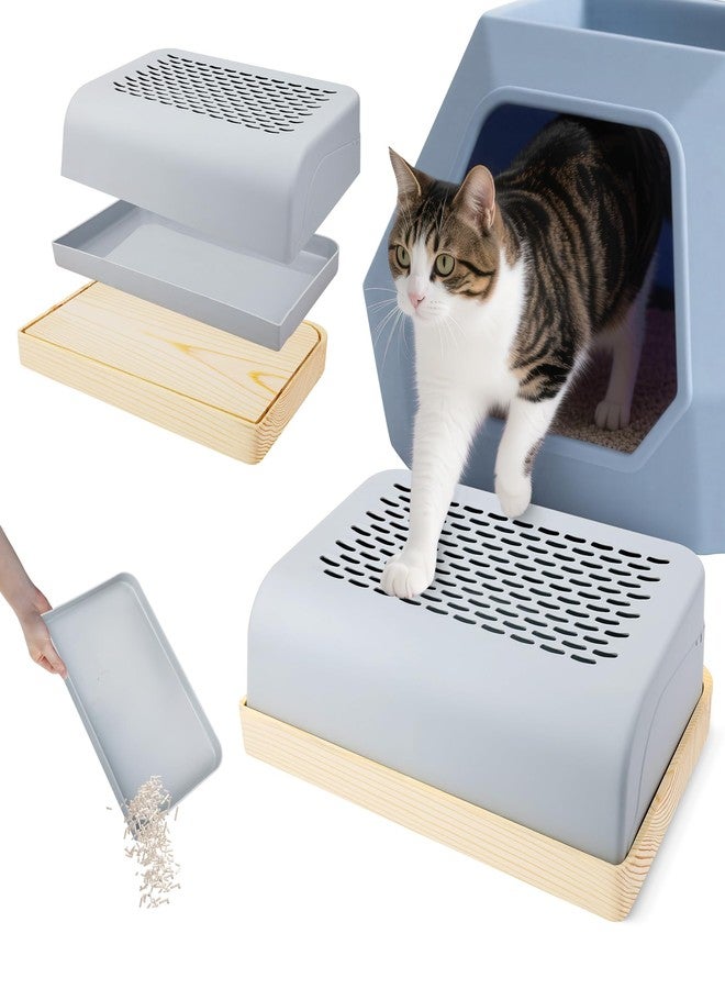 Catcan Cat Ramp for Litter Box with Wooden Base, Catcan Litter Box Step with Filter Function Double Layered Self-Cleaning Cat Litter Trapper for Small & Elderly Cats - Image 1