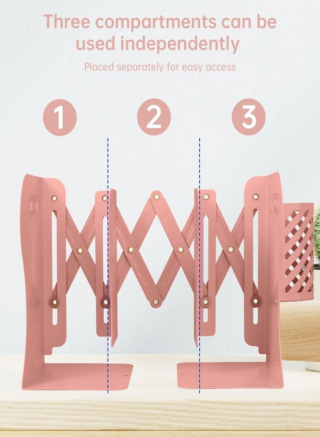 Honagu Adjustable Bookends, Metal Book Ends for Shelves Heavy Book, Desk Magazine File Organizer for Home, Office, Books, Papers, Extends up to 19 inches with Pen Holder (Pink) - Image 4