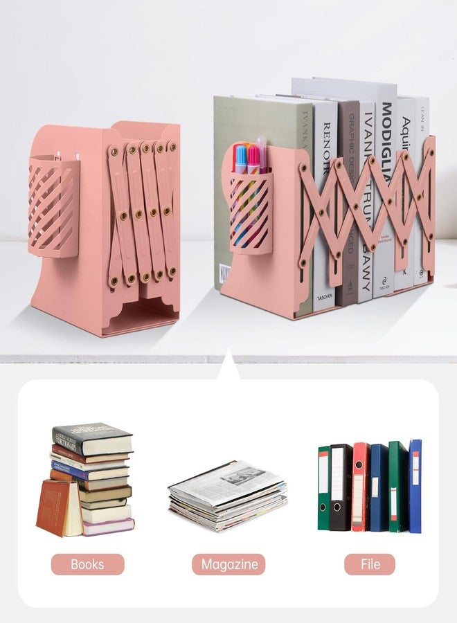 Honagu Adjustable Bookends, Metal Book Ends for Shelves Heavy Book, Desk Magazine File Organizer for Home, Office, Books, Papers, Extends up to 19 inches with Pen Holder (Pink) - Image 5