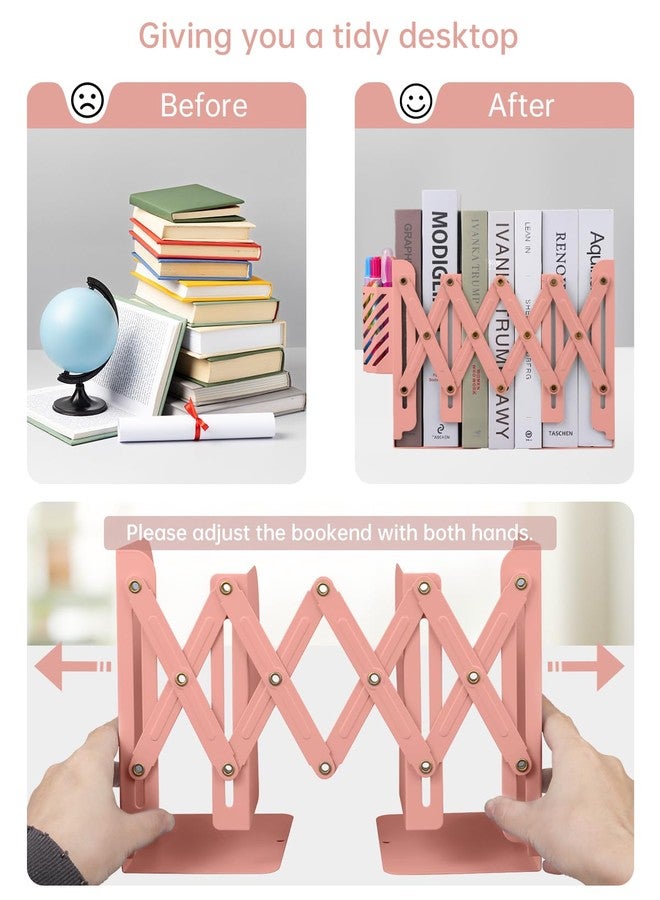 Honagu Adjustable Bookends, Metal Book Ends for Shelves Heavy Book, Desk Magazine File Organizer for Home, Office, Books, Papers, Extends up to 19 inches with Pen Holder (Pink) - Image 2