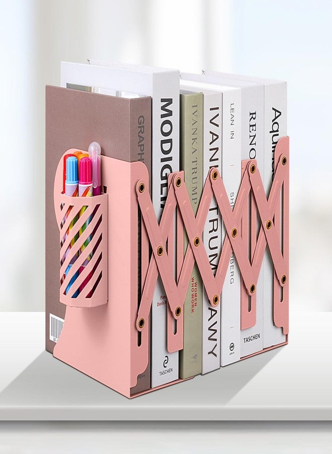 Honagu Adjustable Bookends, Metal Book Ends for Shelves Heavy Book, Desk Magazine File Organizer for Home, Office, Books, Papers, Extends up to 19 inches with Pen Holder (Pink) - Image 1