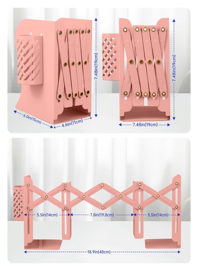 Honagu Adjustable Bookends, Metal Book Ends for Shelves Heavy Book, Desk Magazine File Organizer for Home, Office, Books, Papers, Extends up to 19 inches with Pen Holder (Pink) - Image 3