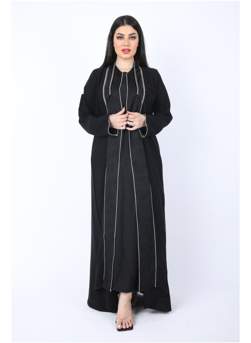 FULL JOY - Black Abaya made of light fabric decorated with white - Image 1