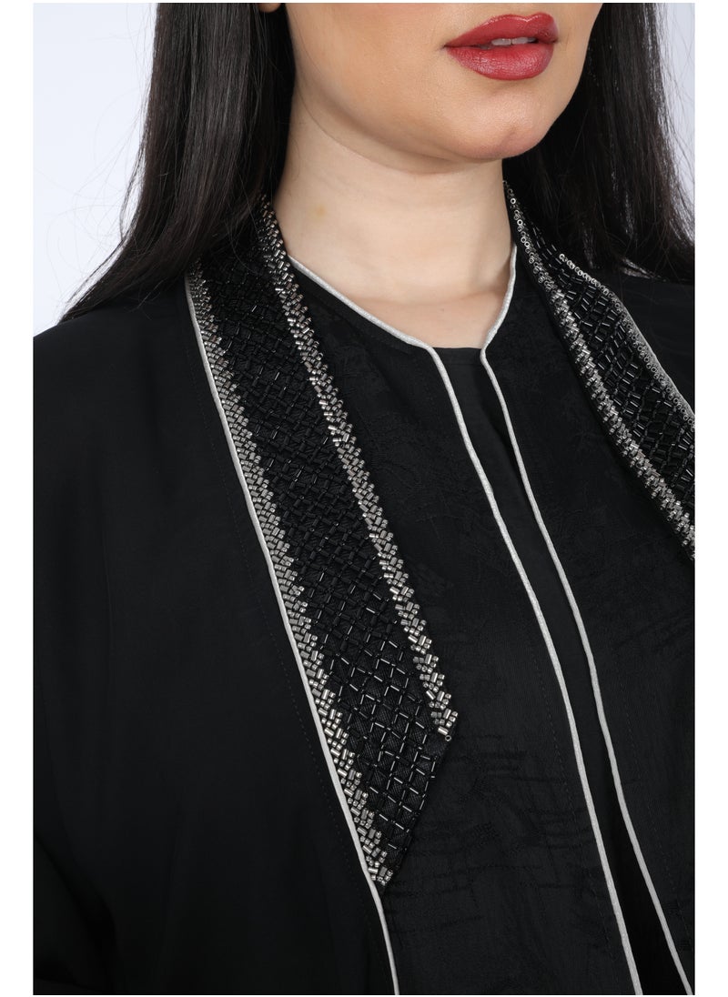 FULL JOY - Black Abaya made of light fabric decorated with white - Image 1