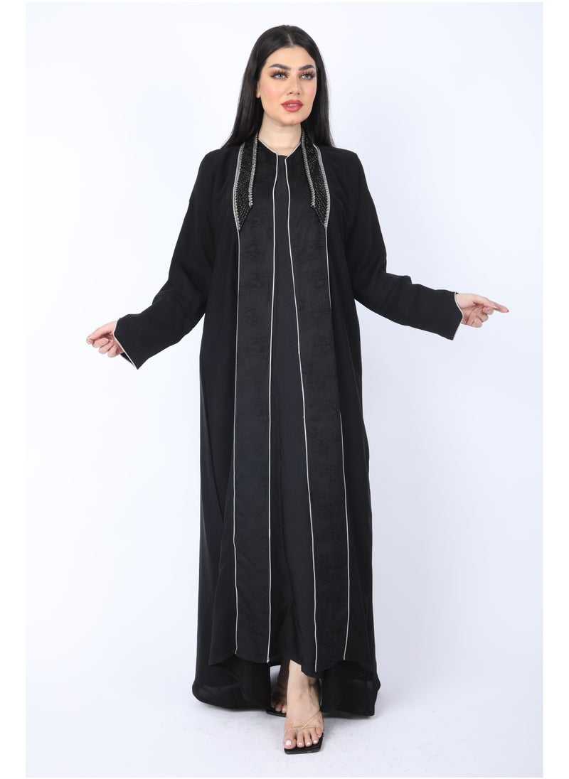 FULL JOY - Black Abaya made of light fabric decorated with white - Image 1
