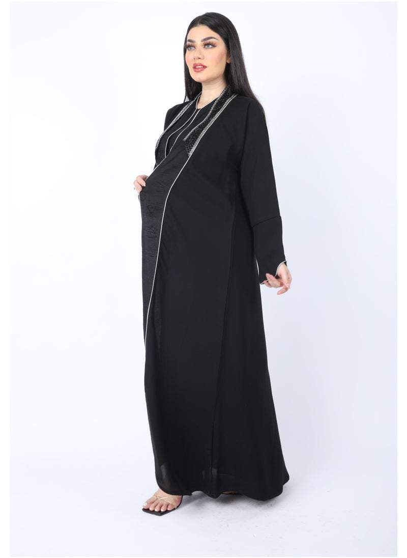 FULL JOY - Black Abaya made of light fabric decorated with white - Image 1