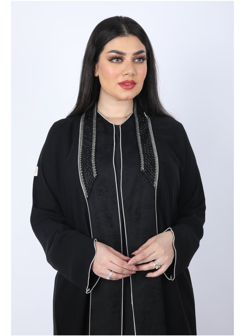 FULL JOY - Black Abaya made of light fabric decorated with white - Image 1