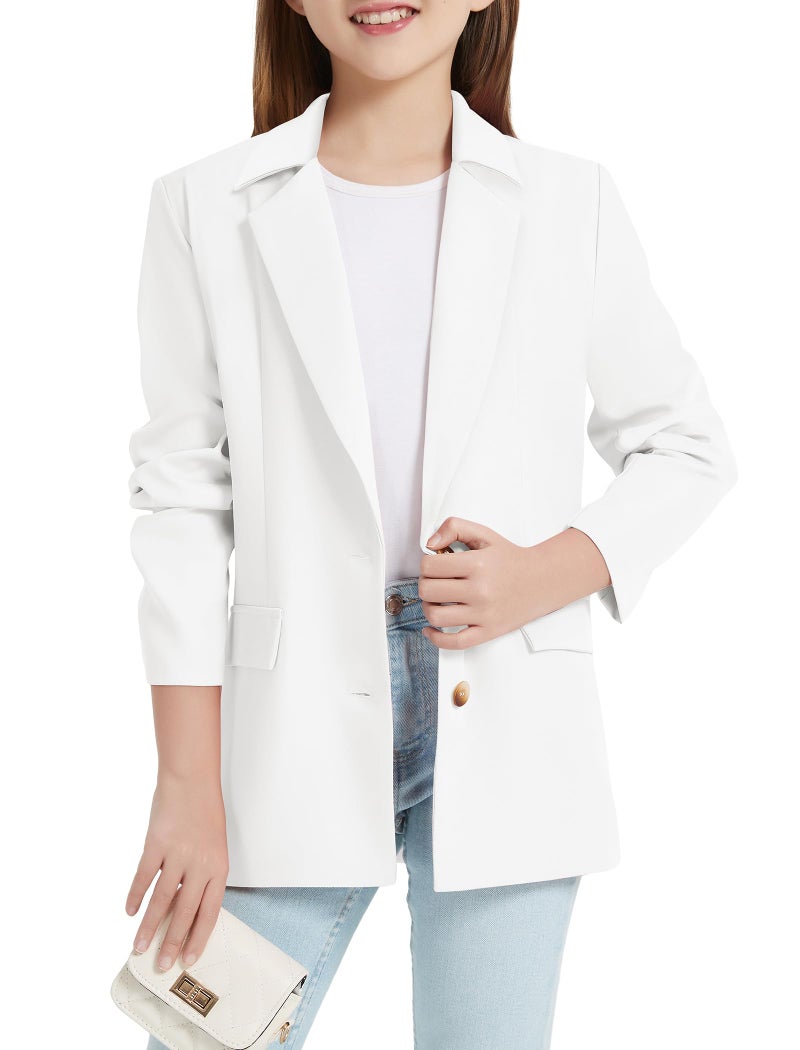 EXARUS Girls Blazer Kids Blazers Jacket Teen Suit Casual White Blazer Long Sleeve Open Front Button Formal Lapel Collar with Inner Pockets School 12Y - Image 1