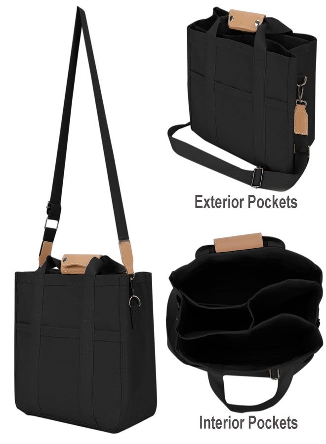Barsine Canvas Tote Bag with Compartments Pockets Stylish Lightweight Messenger Bags for Work Church College, Black - Image 2